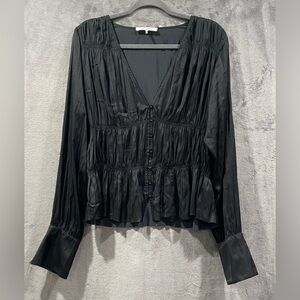 Frame Black Ruched  V-Neck Long Sleeve Button Down Blouse Women’s Size XL NWT